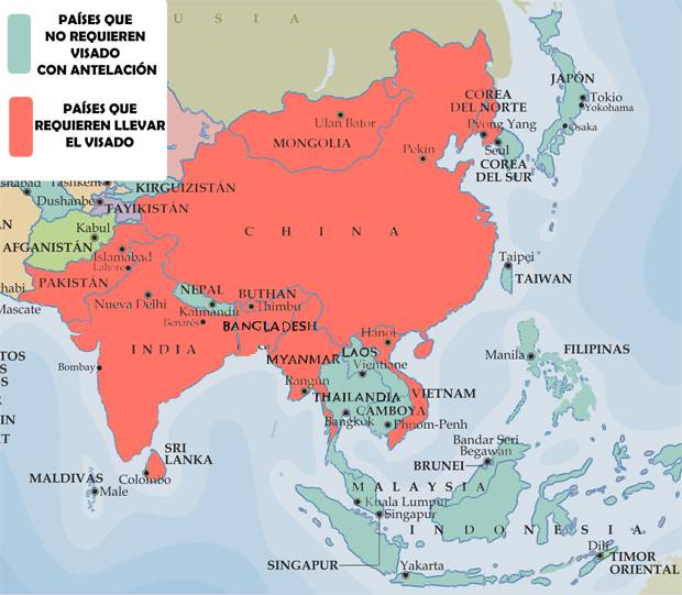 Ampli el Mapa de Asia por necesidad de visados Mapa de Asia por necesidad de visados