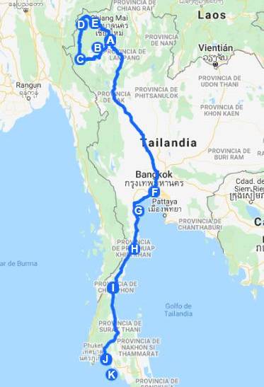 Mapa Ruta por Tailandia