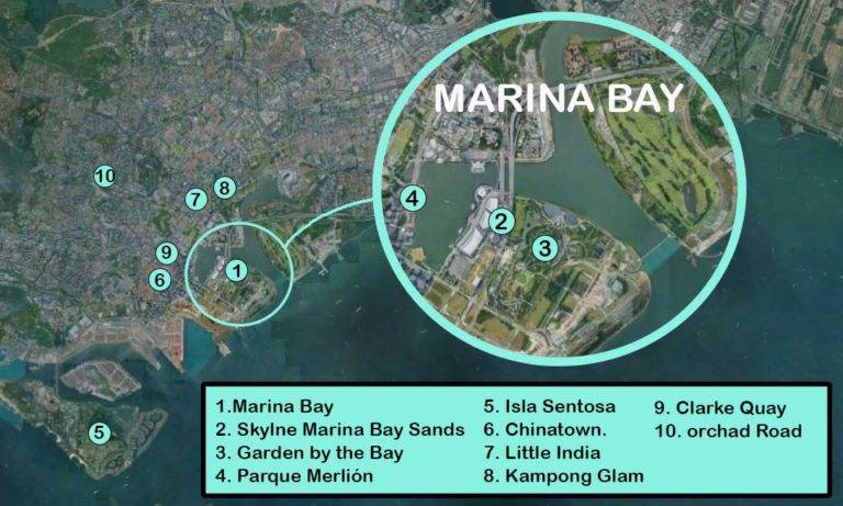 Mapa de principales destinos turísticos de Singapur